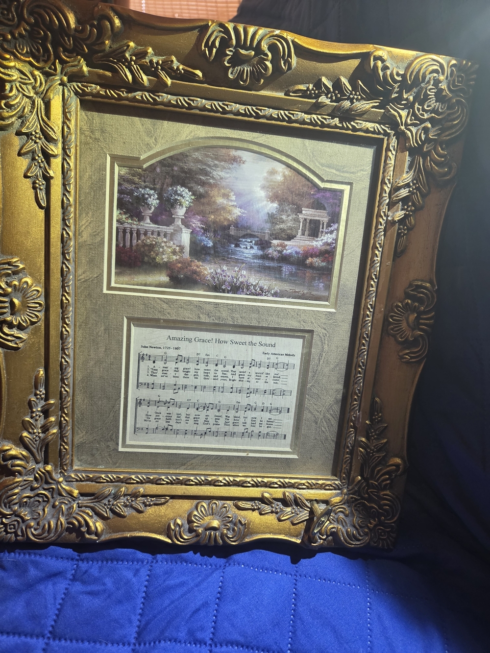 Ornate Gold Framed Landscape Print with Sheet Music